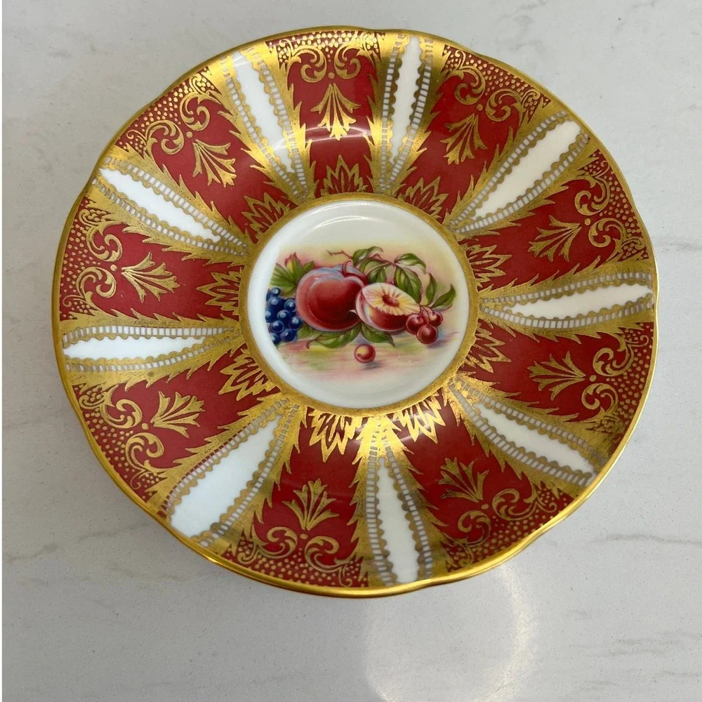 Vtg Paragon‎ Fine Bone China Teacup Saucer Set Maroon Gold Fruit England Tea Cup